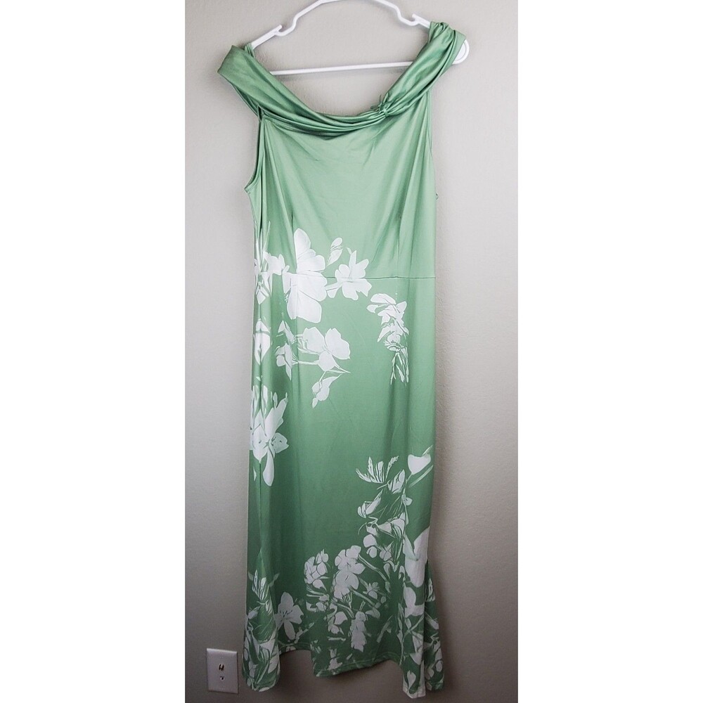 NWT Women's Large Green White Floral Midi Off-Shoulder Dress